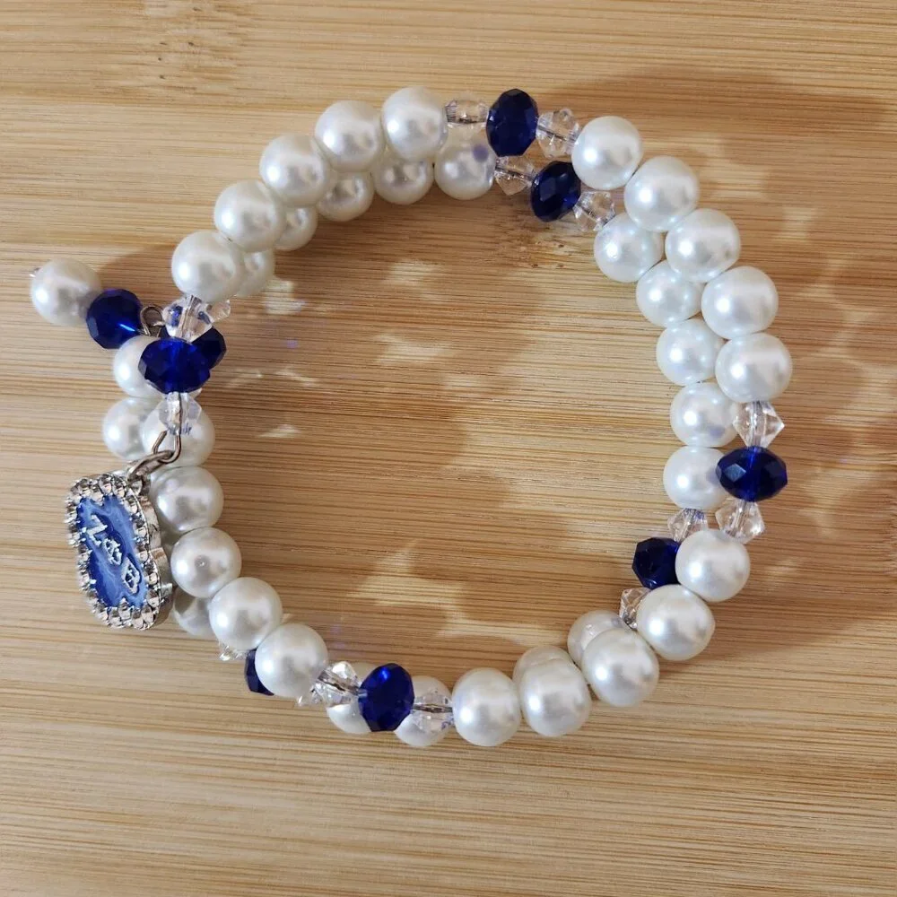 Handcrafted Zeta Phi Beta Charm Wrap Memory Wire Pearl Bracelet